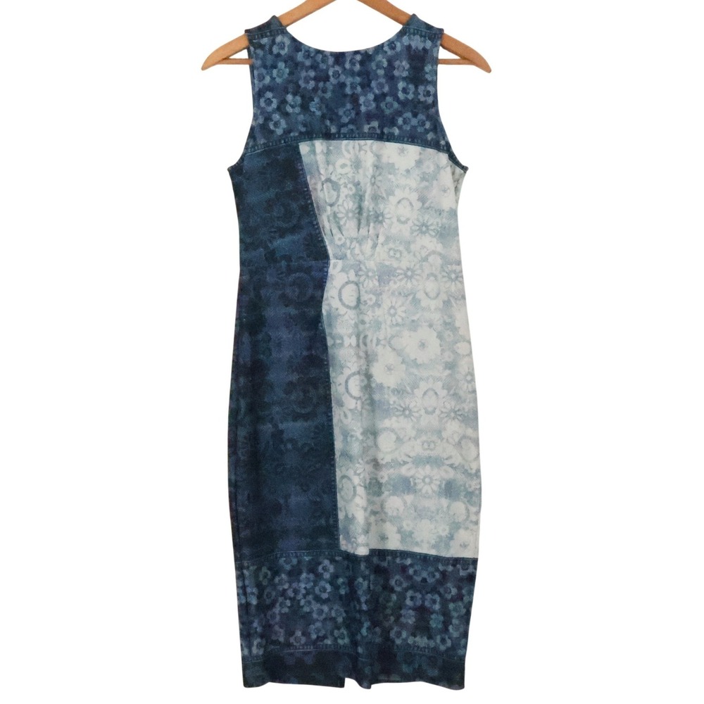 Beige by ECI Patchwork Floral Sheath Dress Womens Size 10 Blue Midi Stretch Boho